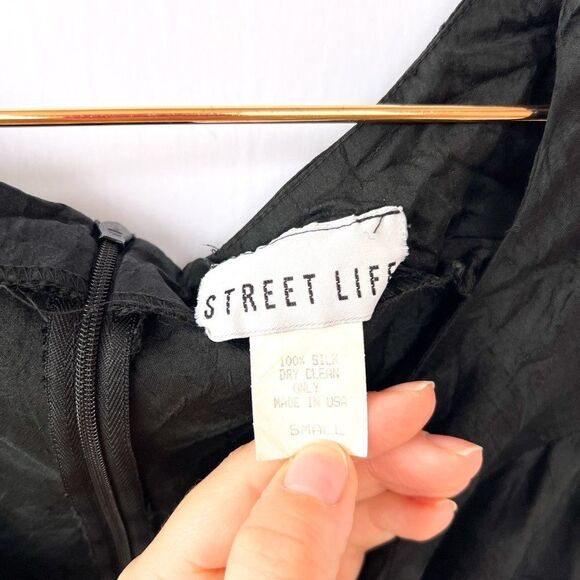 Vintage Street Life Black 100% Silk V Neck Aline Dress Small - Picture 4 of 7